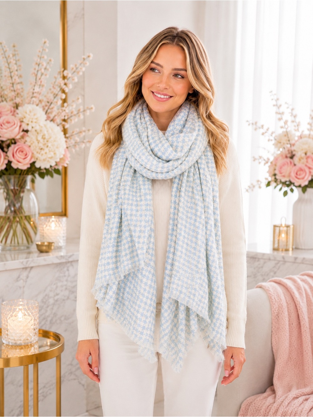 LC Lauren Conrad Blue Cream Houndstooth Fringe Scarf Cozy Winter Classic NWT